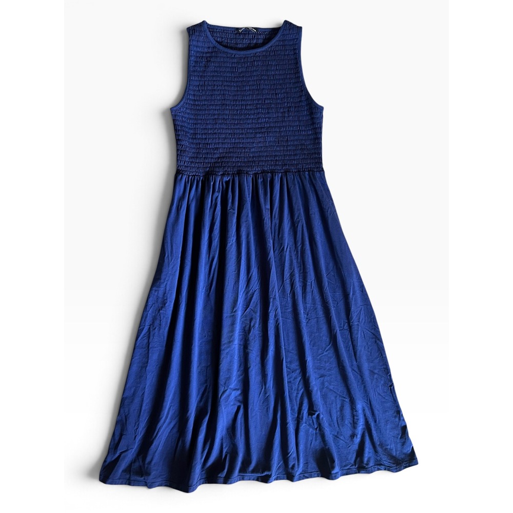 Duffield Lane Blue Smocked Bodice Sleeveless Midi Dress with Pockets Size Large